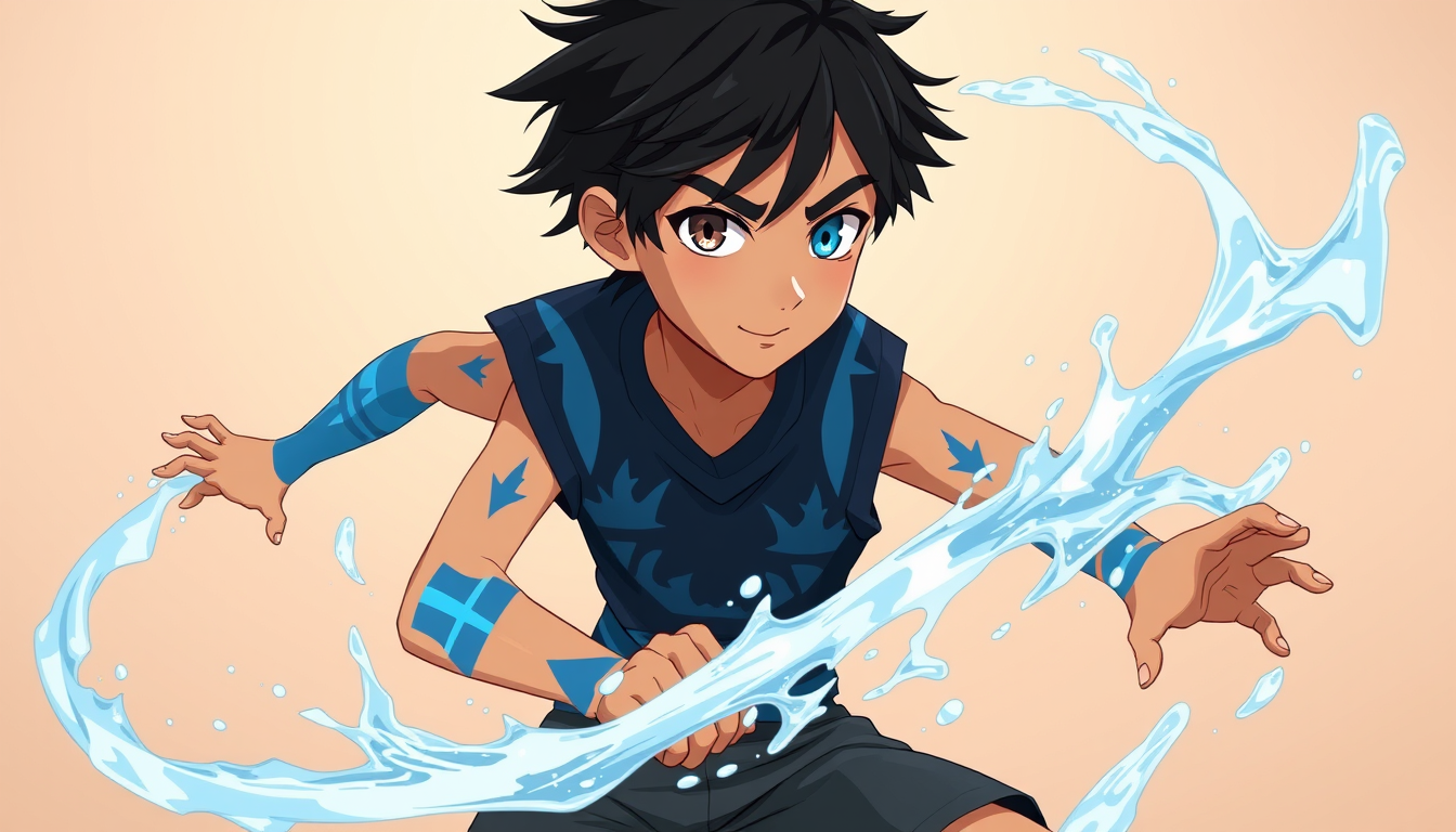 Main art studio: Young 11-year-old male Water Tribe and Air Nomad bender in Avatar: Legend of Korra animation style. Dark messy hair, one silver-grey eye and one brigh