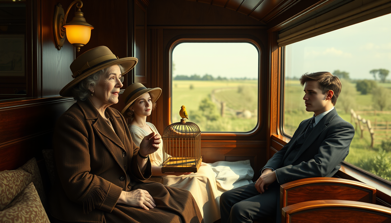 Realistic Images idea: photorealistic generated image, natural materials and skin texture, physically plausible lighting, Realistic1920sphotoof3peopleinacosyluxurytraincompa