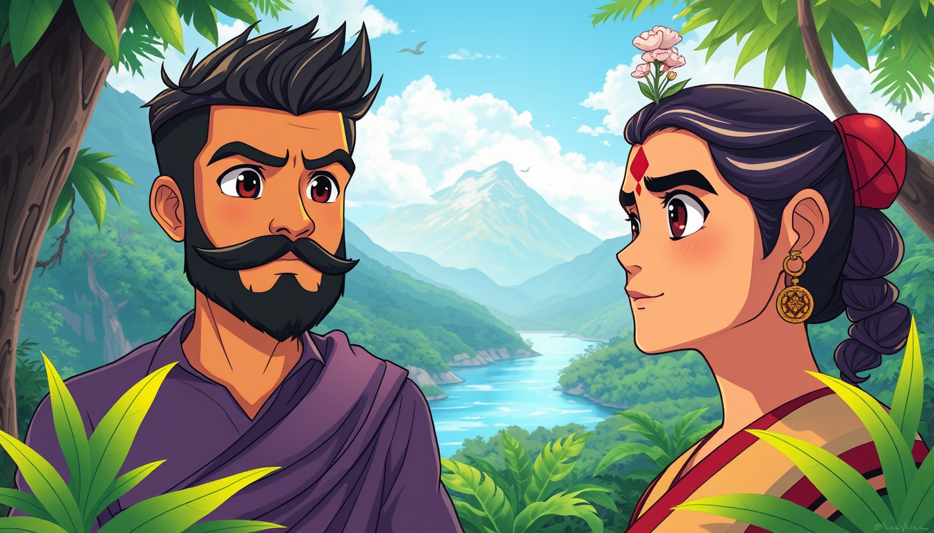 Anime idea: anime style, vibrant colors, expressive eyes, mohanlol & mamoty malayalam heroes in kerala green nature background hd image with mountain & river back