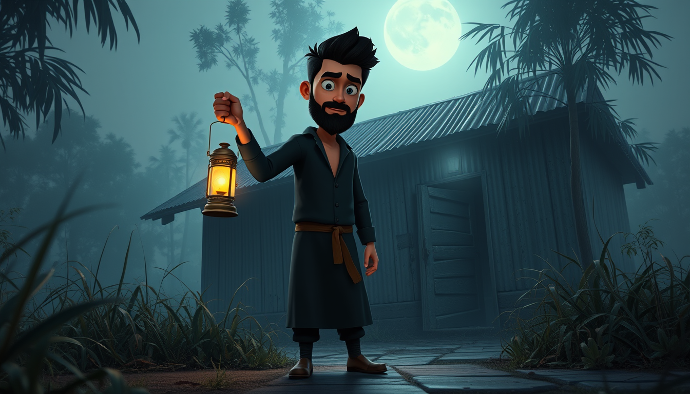 Main art studio: Same Rashed character, same black hair, beard and dark navy outfit. Semi-realistic 3D cartoon Bengali horror. Rashed stands outside an abandoned old t