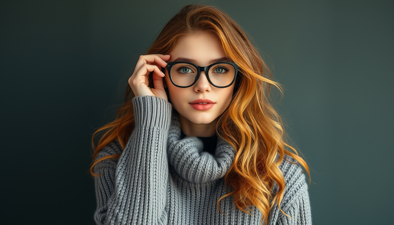 Main art studio: Genere moi une fille rousse avec lunette en pull legerement trop long pour elle avec des formes genereuses