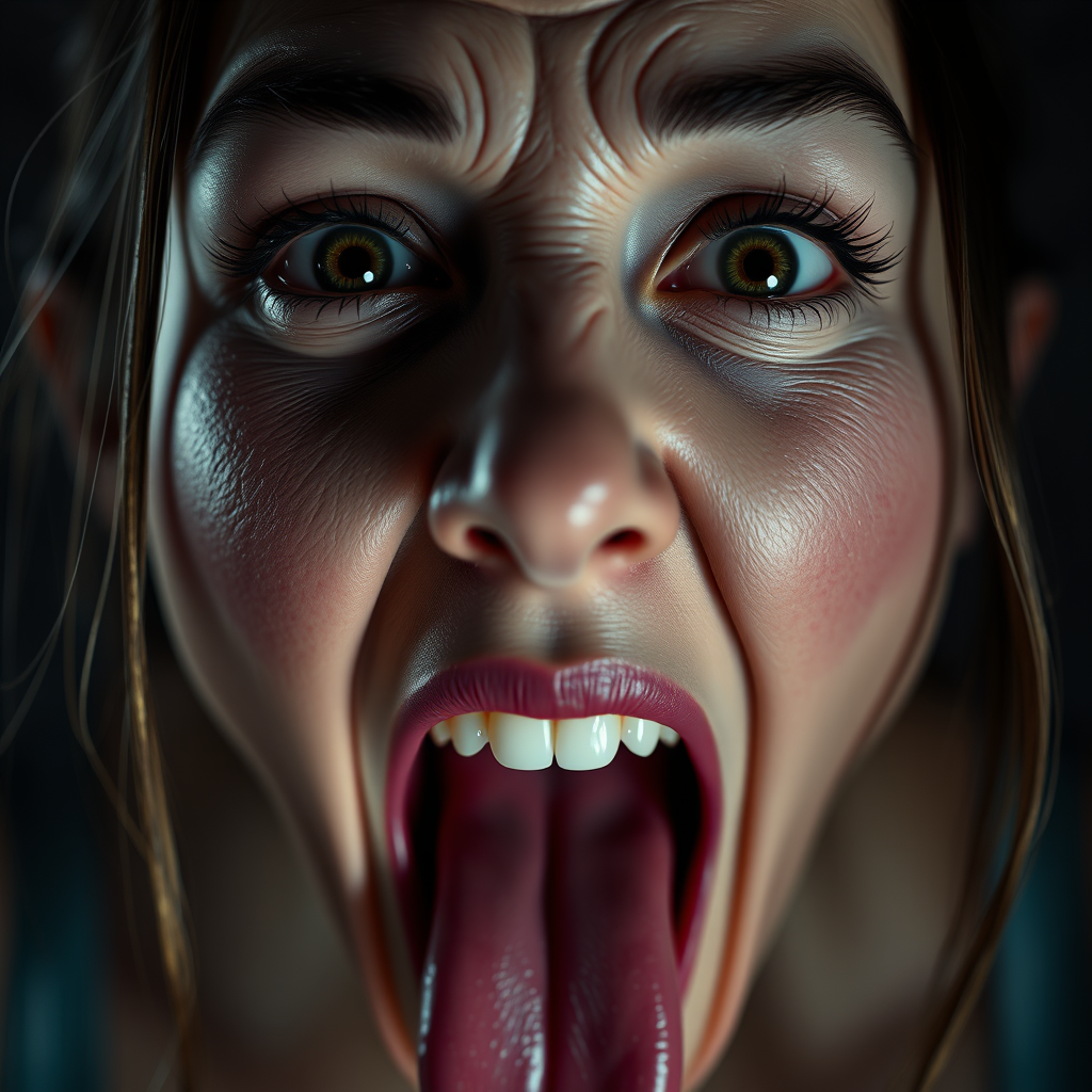 Main art studio: Ahegao expression, eyes rolled completely back showing sclera/whites of the eyes, mouth wide open, tongue sticking out, portrait of Angela White, hype
