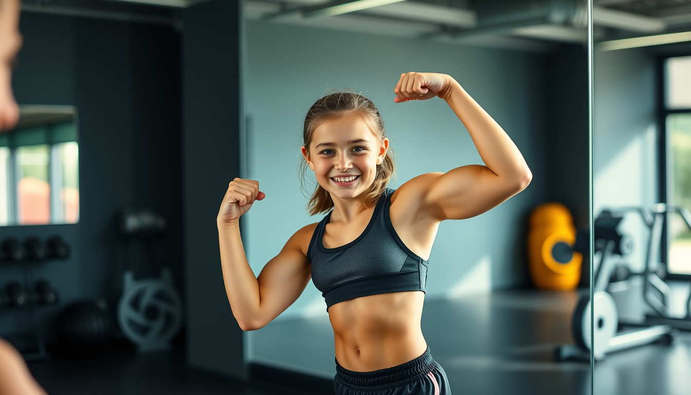 Main art studio: fille de 11 ans la plus musclée au monde dans une salle de sport familiale, avec une tenue transparente pour faire du sport, debout devant un miroir a