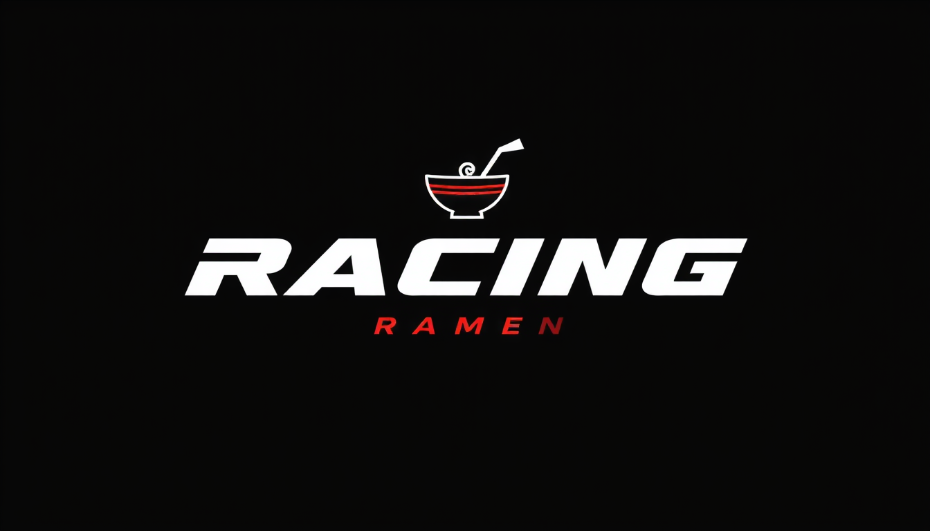 Main art studio: A sleek minimalist racing ramen logo on a solid black background. Exact text: "RACING RAMEN". Bold elegant custom typography, white lettering with a s