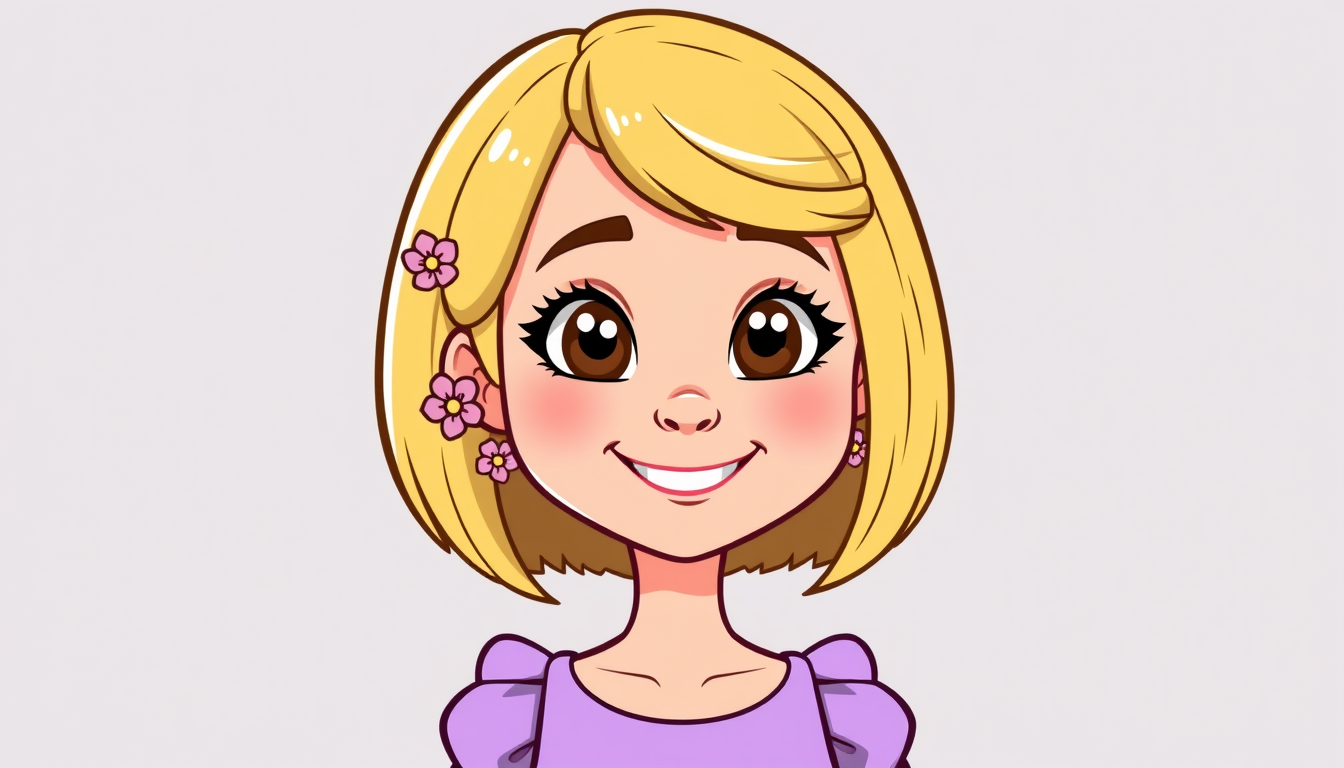 Cartoon Avatars idea: cartoon avatar, head-and-shoulders, bold outlines, flat shading, Cartoon of a woman with blonde hair cut into a bob, brown eyes, a round, childish fac