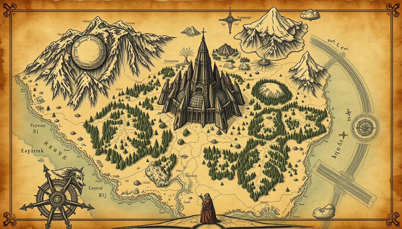 Fantasy Maps idea: fantasy world map, hand-drawn cartography, aged parchment, mountains forests and coastlines, Großer Planet mit einem Turm sehr detailliert maximal Det