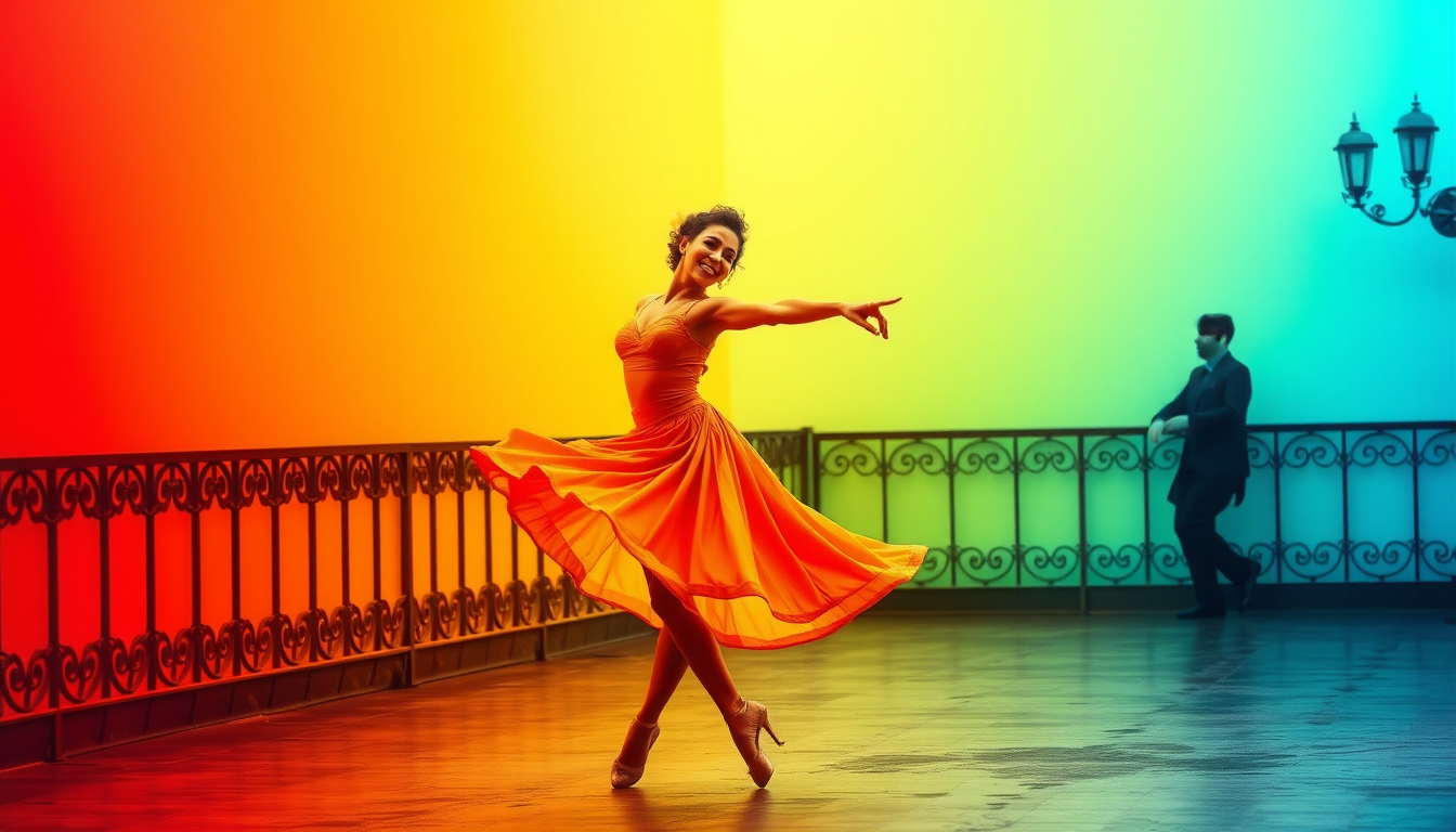 Main art studio: Necesito una bailarina clasica que este haciendo una pose de baile y que del pecho le salgan rafagas de colores como que eso representera sus sentimen