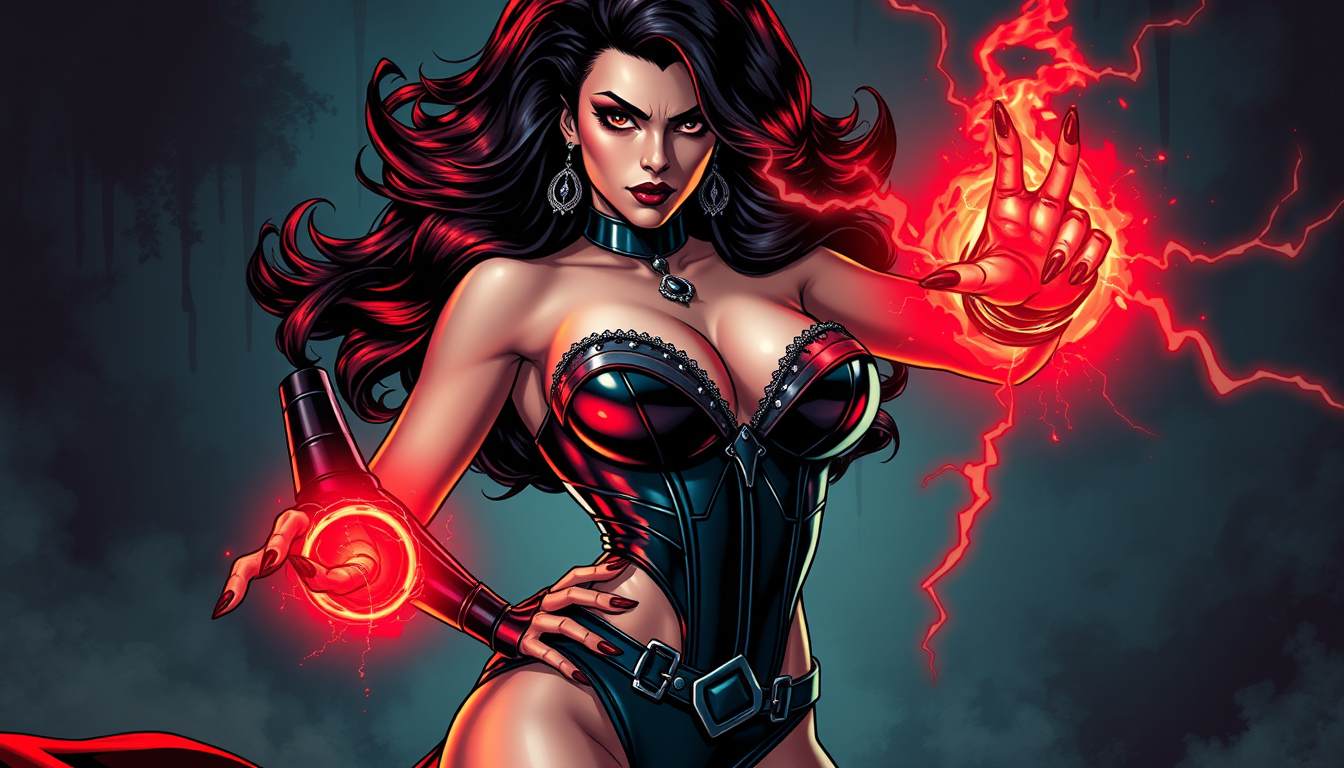 Main art studio: Original adult female comic-book supervillain named Lady Cockdown, an extremely glamorous bombshell with a dramatic hourglass silhouette. Extremely se