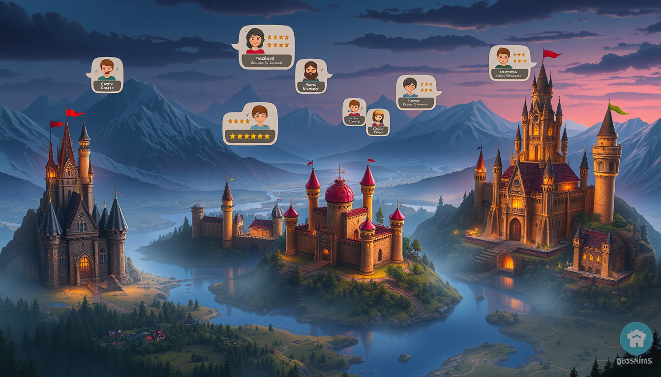 Main art studio: Cinematic fantasy world for MyKingdoms, a medieval social network where every user owns a kingdom. Wide 16:9 desktop background, 7–9 unique castles ac
