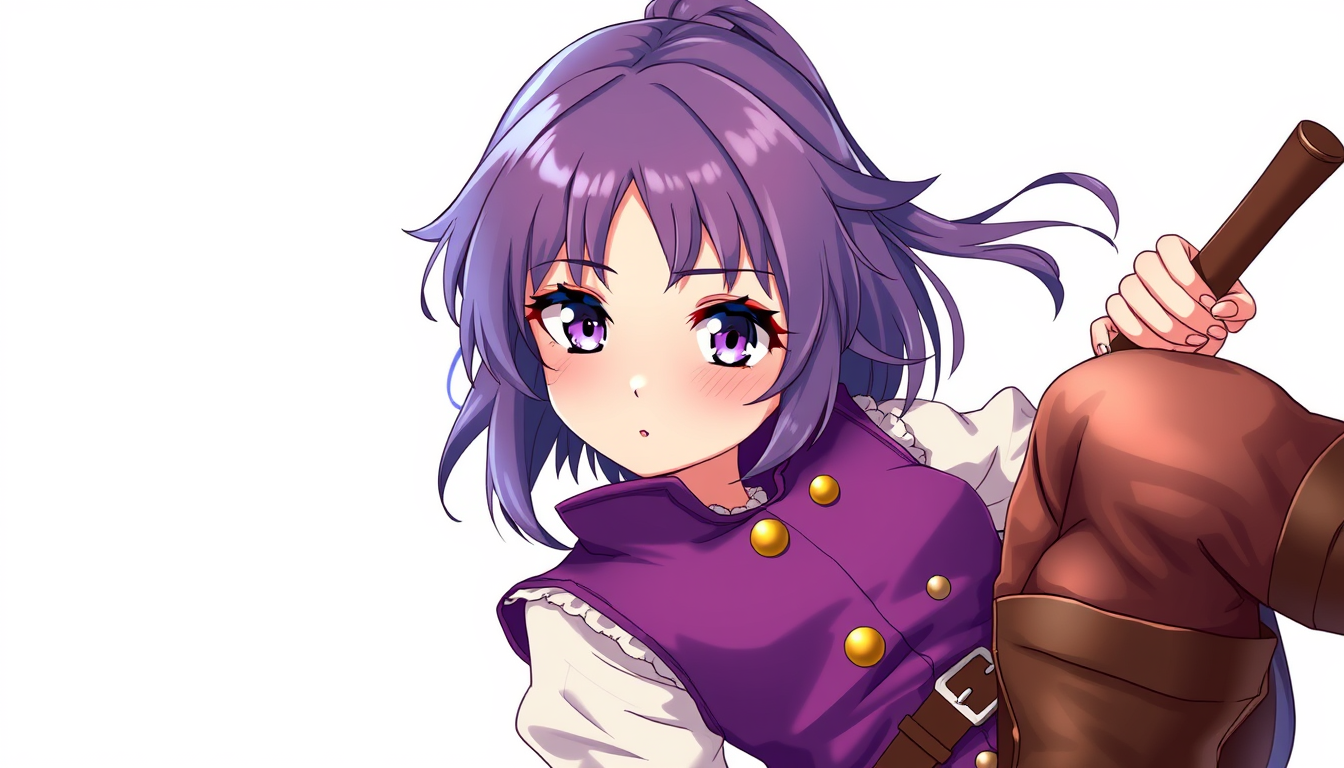 Anime idea: anime style, vibrant colors, expressive eyes, a young girl, white background, beautifull, in medieval like purple waistcoat with golden buttons and in