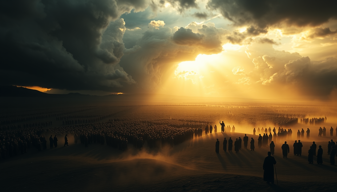 Main art studio: Epic Day of Judgment scene on a completely barren black desert, millions of people appearing as distant silhouettes, massive dark clouds swirling over