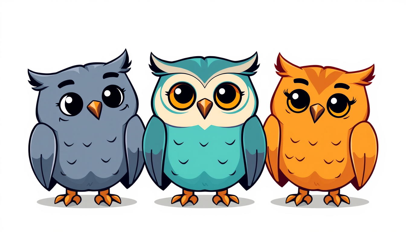 Main art studio: Professional mascot logo for a modern university study app. Exactly three cute owl characters side by side. Left owl is blue-gray, looking slightly up
