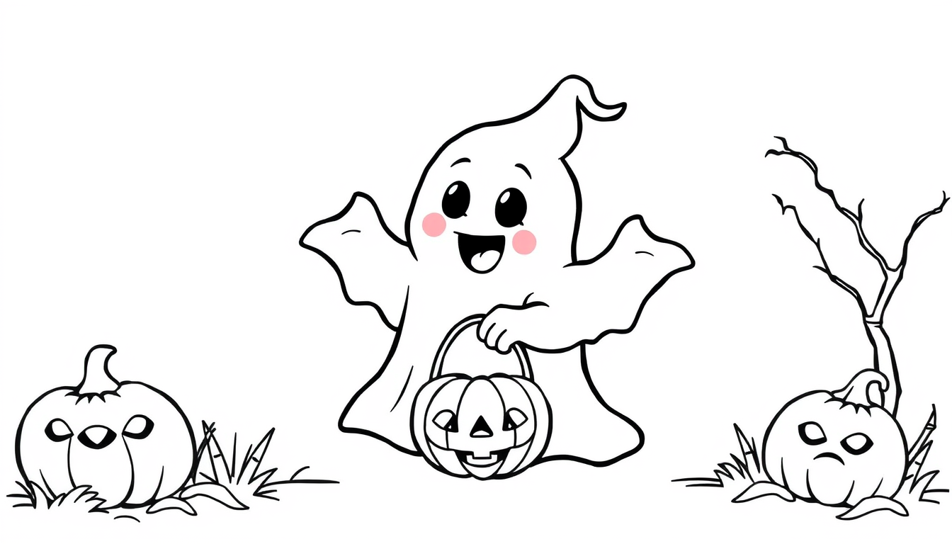 AI Art prompt example created from the prompt: Halloween Coloring Book Cute ghost holding a pumpkin bucket, thick bold outlines, black-and-white coloring page, no shading, white backgroun