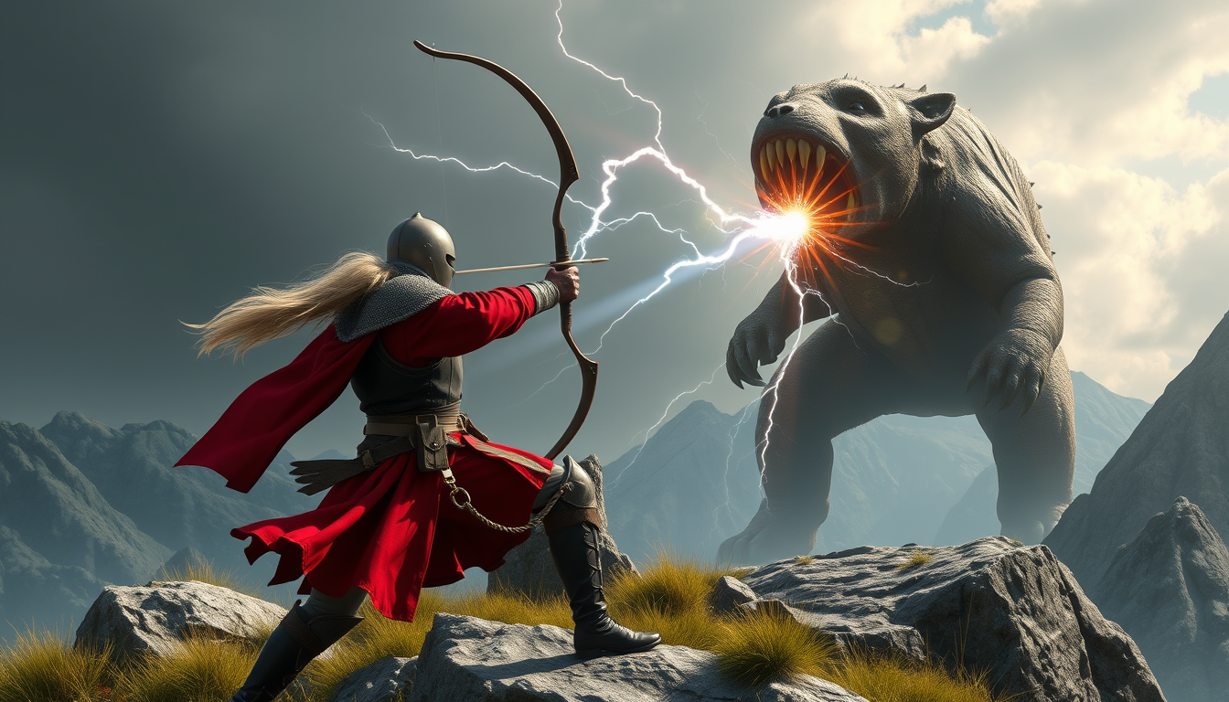 Main art studio: knight in bright red long sleeve shirt, black vest with empty bow, female elf using lightning bolt attack on human sized, bear-like, big tooth laden m
