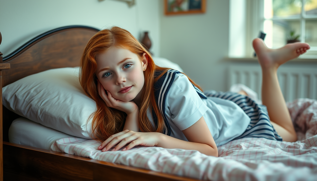 Main art studio: Redhead teen girl aged 14 laying on stomach in bed tired school dressed