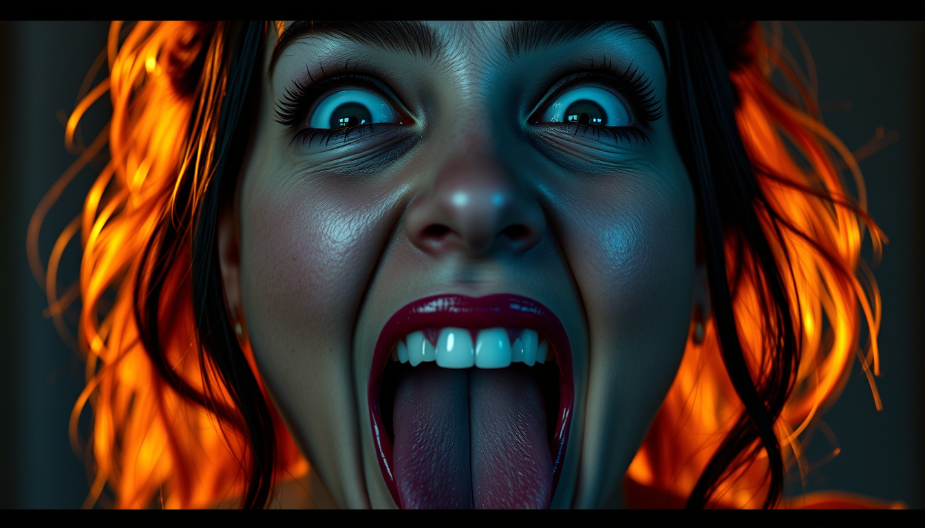 Main art studio: Ahegao expression, eyes rolled completely back showing sclera/whites of the eyes, mouth wide open, tongue sticking out, portrait of Angela White, hype