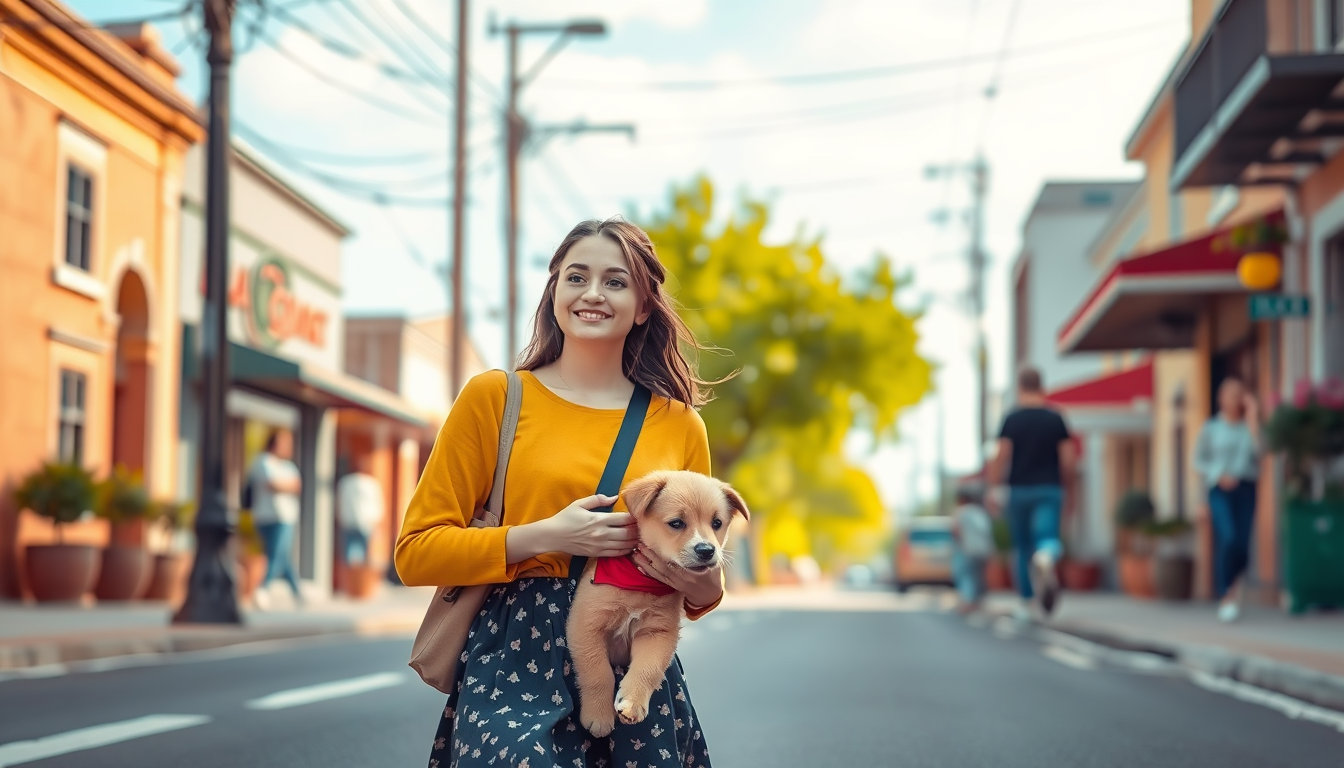 AI Art prompt example created from the prompt: Aesthetic Movement Art Style; a beautiful girl with her puppy walking on the street