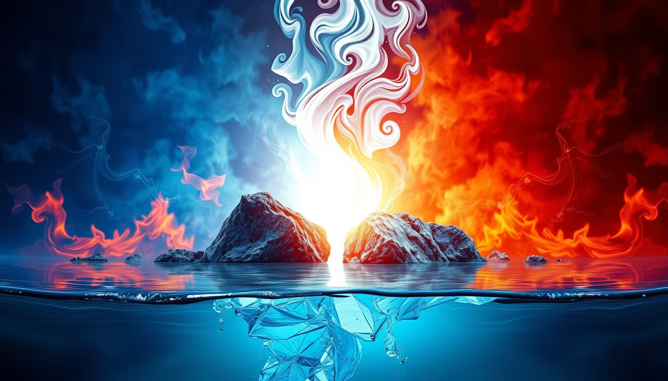 AI Art prompt example created from the prompt: Una única materia formada por la fusión perfecta y equilibrada de FUEGO, AGUA, TIERRA y AIRE. Los cuatro deben estar claramente presentes y