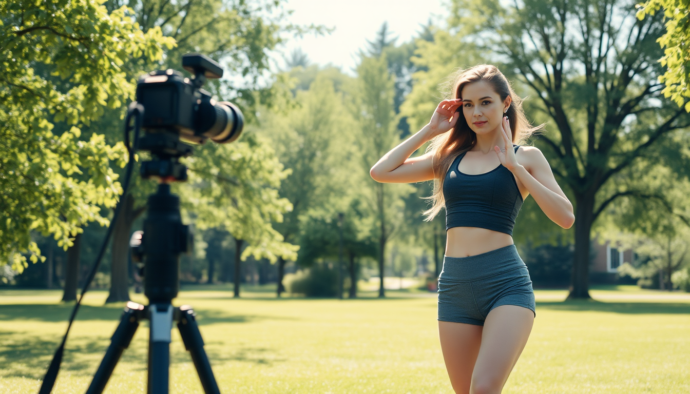 Main art studio: 18-jährige erwachsene, attraktive Frau mit sportlicher, athletischer Figur. Sie trägt eine enge kurze Sportshorts und ein enges bauchfreies Sporttop.