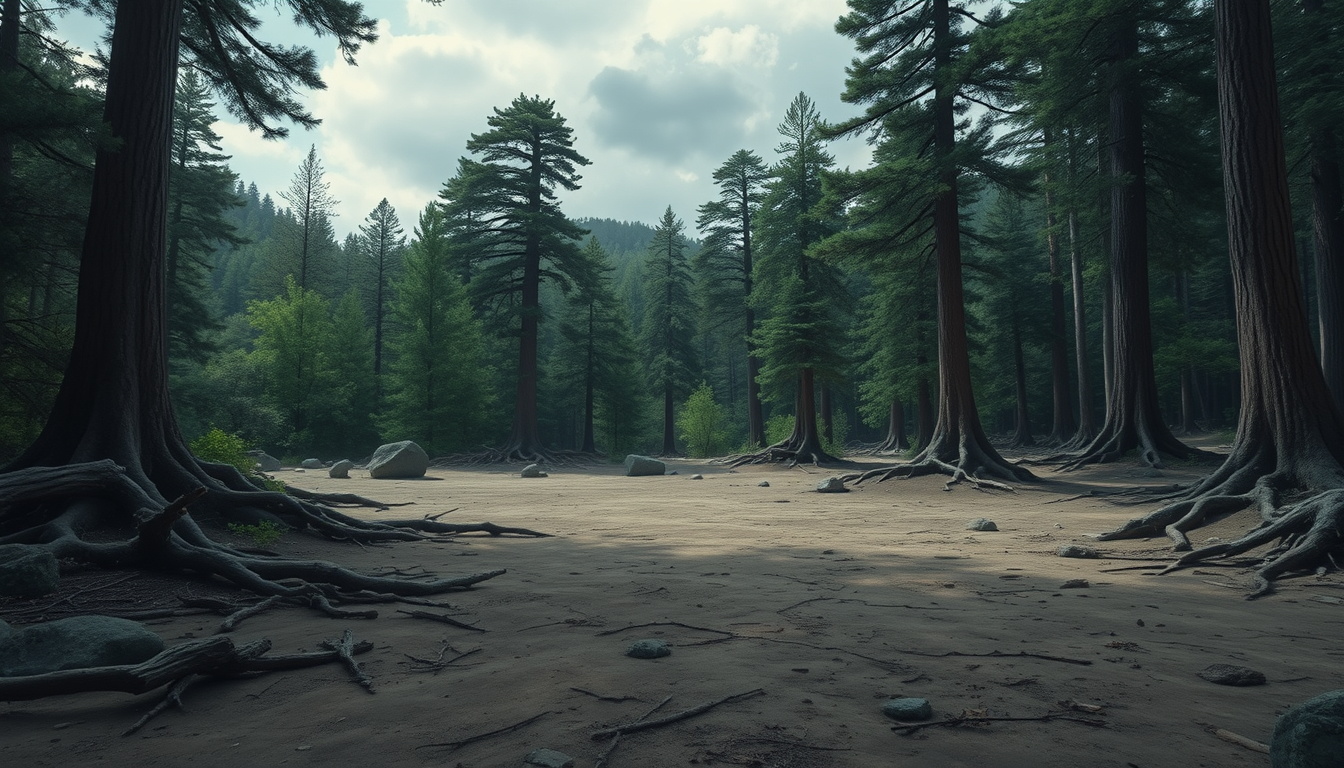 AI Art prompt example created from the prompt: A secluded clearing in an old Japanese forest, wide uneven dirt ground surrounded by tall cedar trees, scattered boulders, exposed roots and