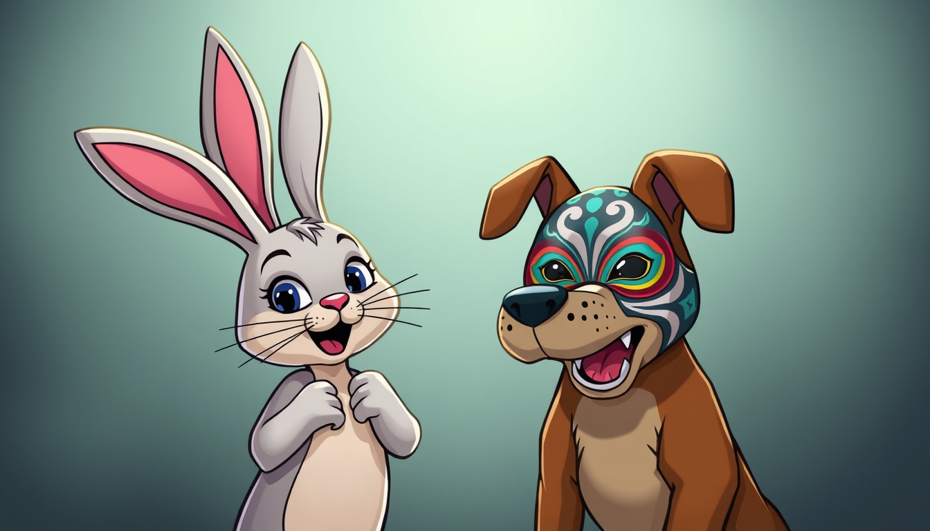 Main art studio: cartoon bunny cat and dog where lucha wrestling masks