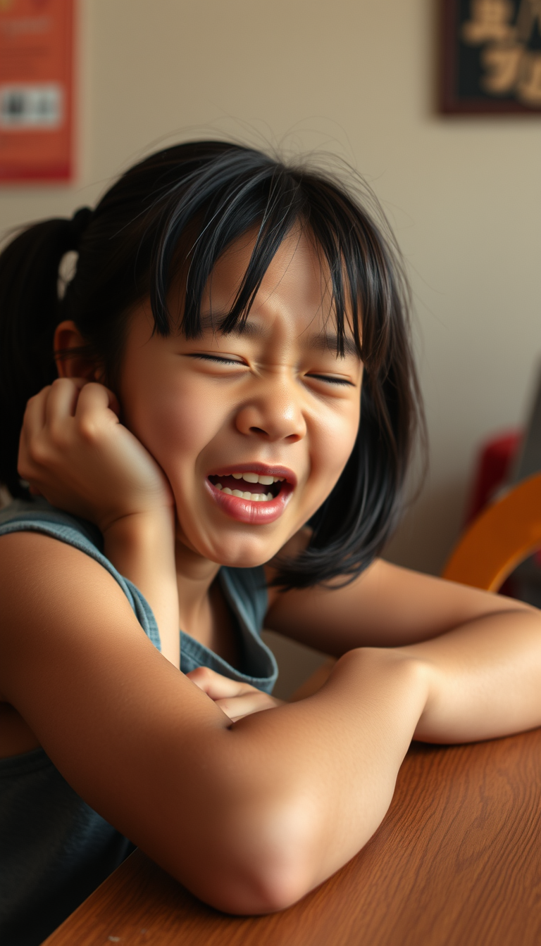 Main art studio: tanned asian 14 year old with girl dark brown hair sitting at a table with mouth open eyes closed head tilted back very angry wrinkling face of many t