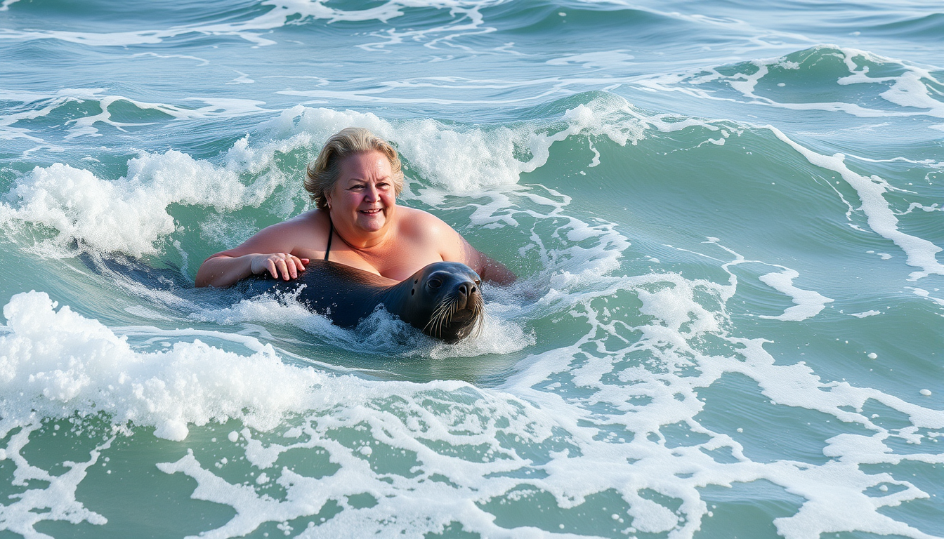 Main art studio: create a Comic-image: "60-year old overweight woman swims in the ocean with a seal in the white-water waves.