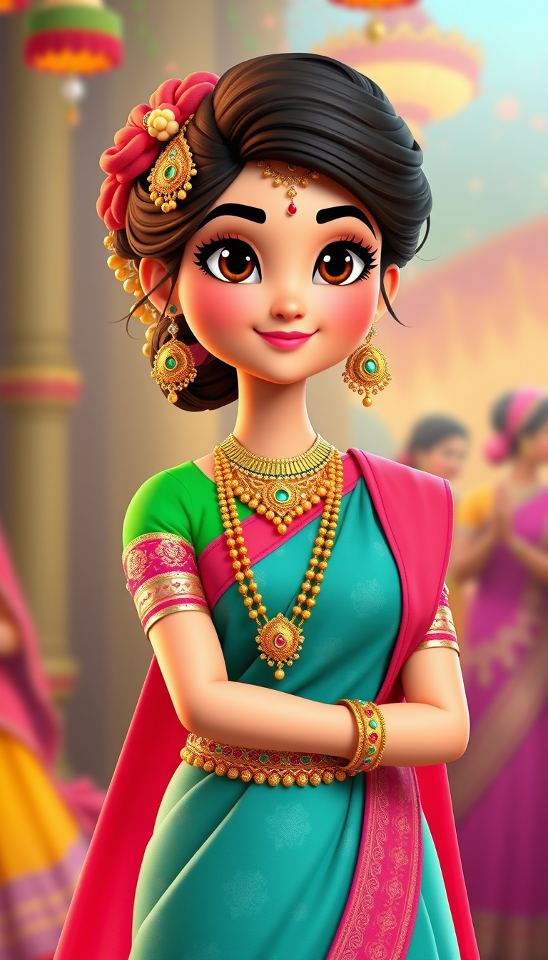 AI Art prompt example created from the prompt: “Create a beautiful 3D animated Indian girl wearing a traditional colorful Garba outfit. She is wearing EXACTLY the jewellery shown in the r