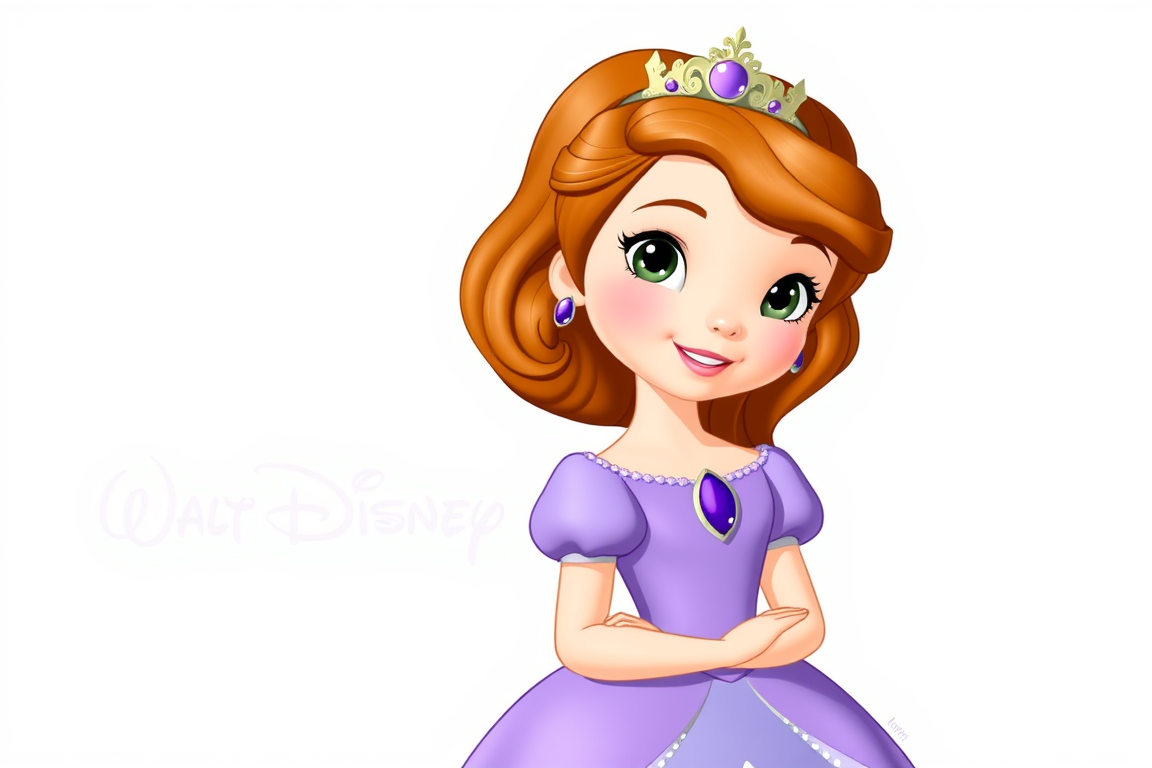 Main art studio: Original Sofia the First character, authentic auburn wavy hair, purple princess dress, original facial features. Add “Walt Disney” separately beside h