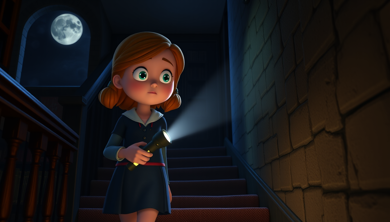 Main art studio: The Strange SoundPrompt:Emma quietly walking downstairs at night with a small flashlight, passing the dark old library, suddenly stopping after hearin