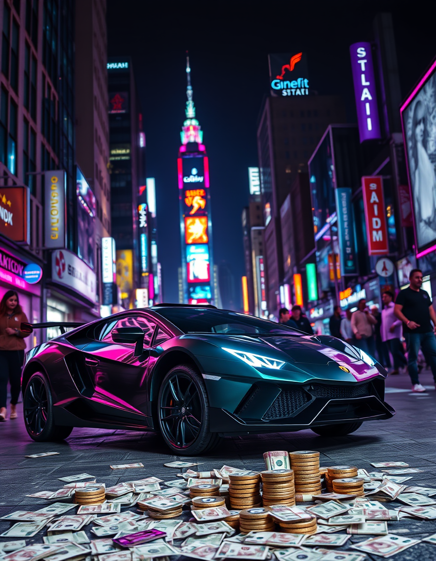 Main art studio: ein cooles bild mit neon effekten und ein schwarzer lamborgihni in einer gross stadt sehr viel geld auf dem boden