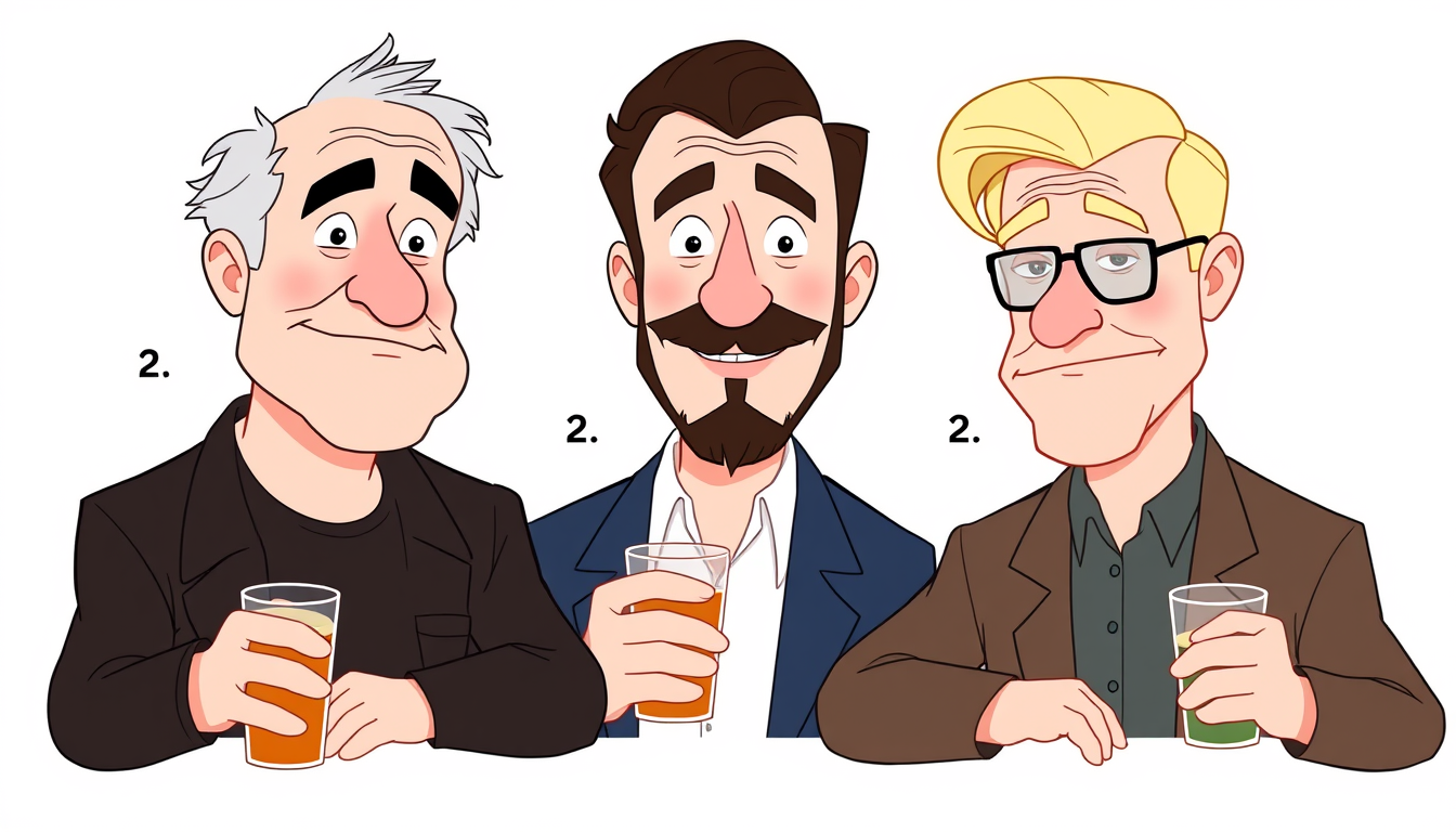 AI Art prompt example created from the prompt: Create one character-design sheet with 3 numbered versions of the same two characters. Each pair uses a distinctly different animation style