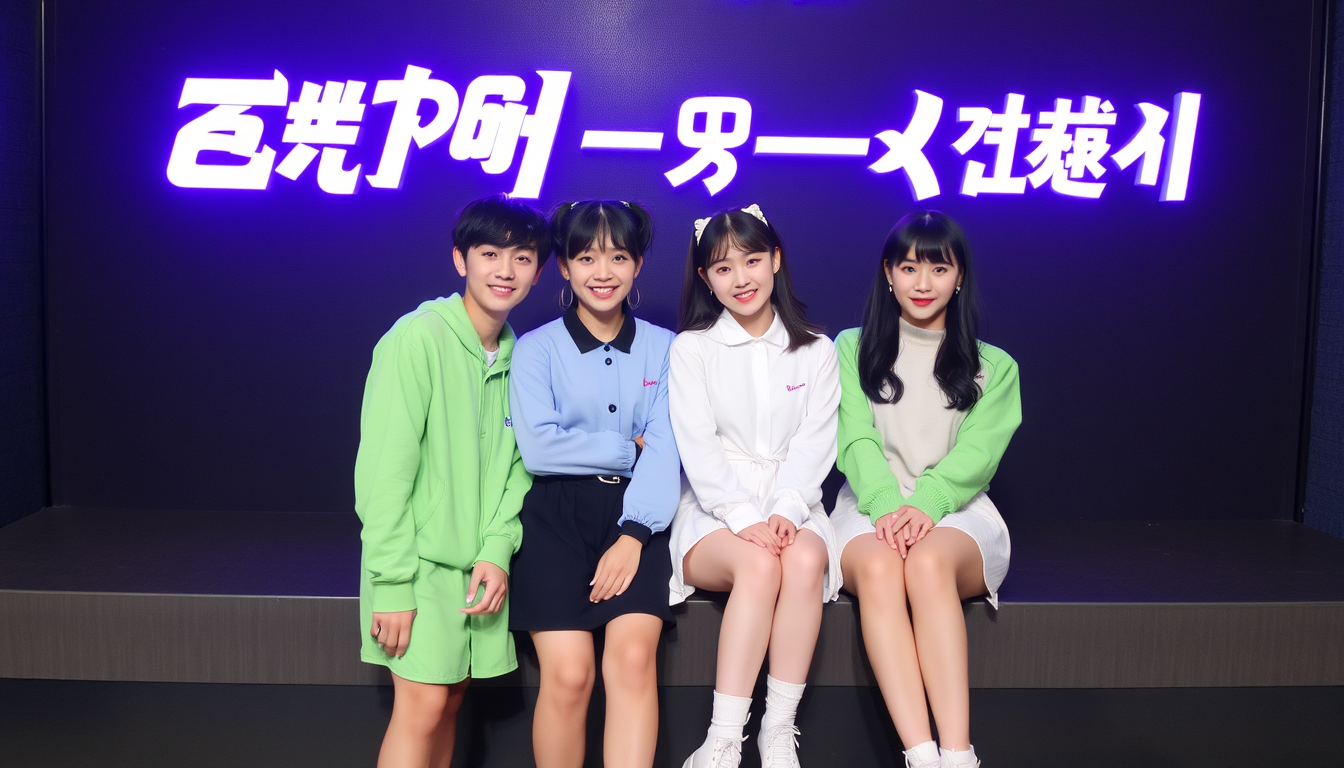 Main art studio: 6人組の韓国女性アイドルグループ。洗練された高級感と華やかさを持ち、メンバーそれぞれの個性が強い。上品でエレガントだが、親しみやすさもある。全員スタイルがよく、ステージ衣装は白、シルバー、淡いブルーやピンクを基調とした現代的でラグジュアリーなデザイン。6人が横一列に並んでカメラを見ている、K-POP