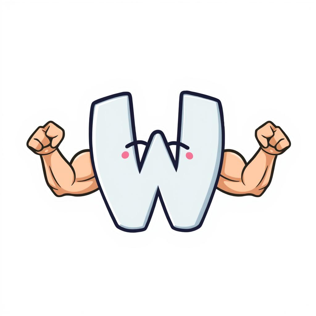 Twitch Emote idea created from the prompt: twitch emote, small bold expressive icon, thick outline, readable at tiny size, Plain Letter "W" with 2 strong arms flexing on the side and 