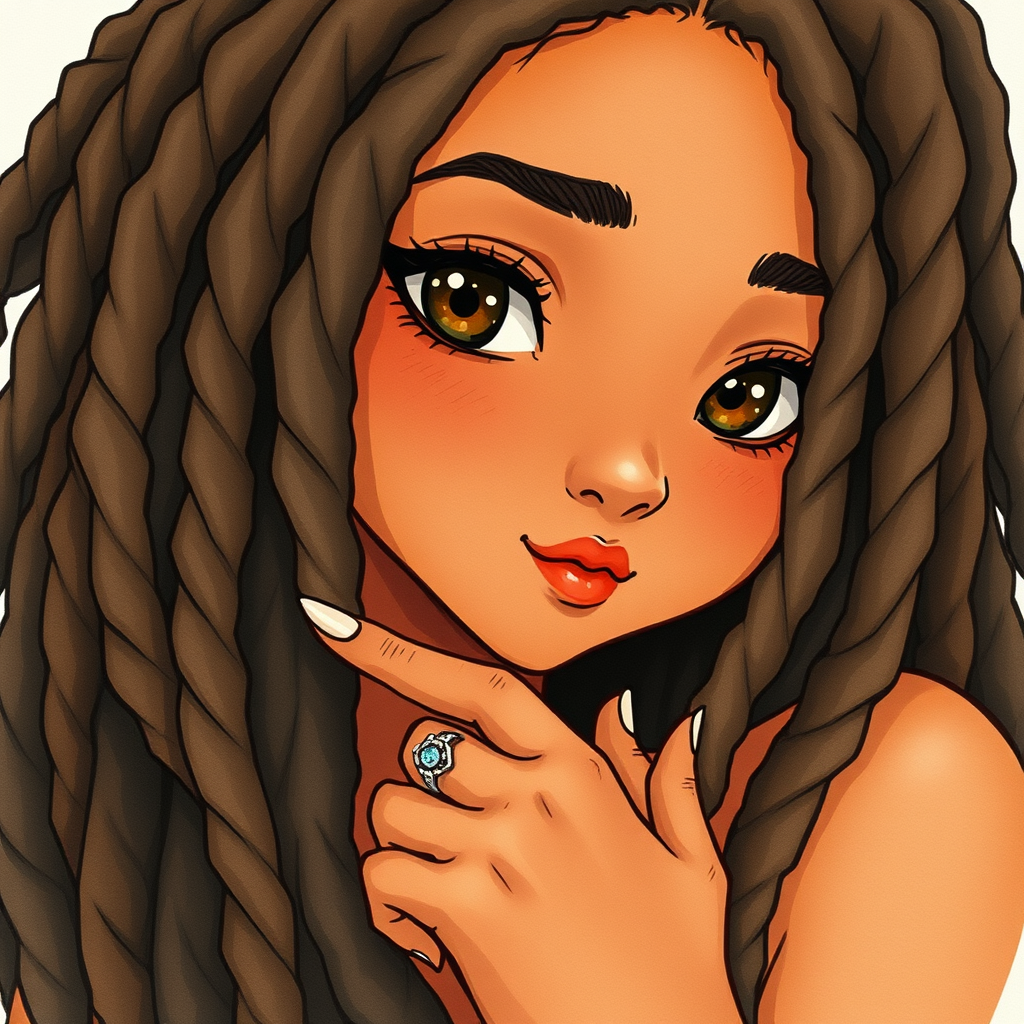 AI Art prompt example created from the prompt: black caramel female character Studio Ghibli inspired character art, black dreadlocks, dark brown eyes, cozy soft aesthetic with a laid-back