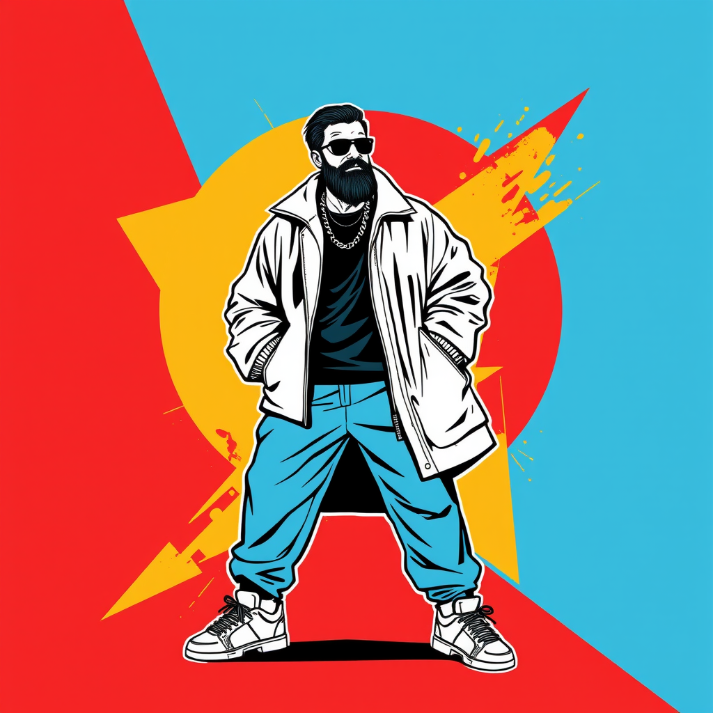 Main art studio: writing{variant=“standard” id=“81354”} Cyrus the Great reimagined as a modern streetwear icon, bold black continuous line drawing, oversized jacket, s