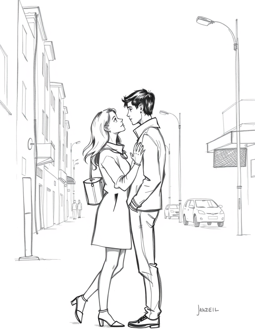 Main art studio: Minimalist black and white pencil sketch, as if casually drawn by a child. A young woman and a young man standing very close to each other on a quiet