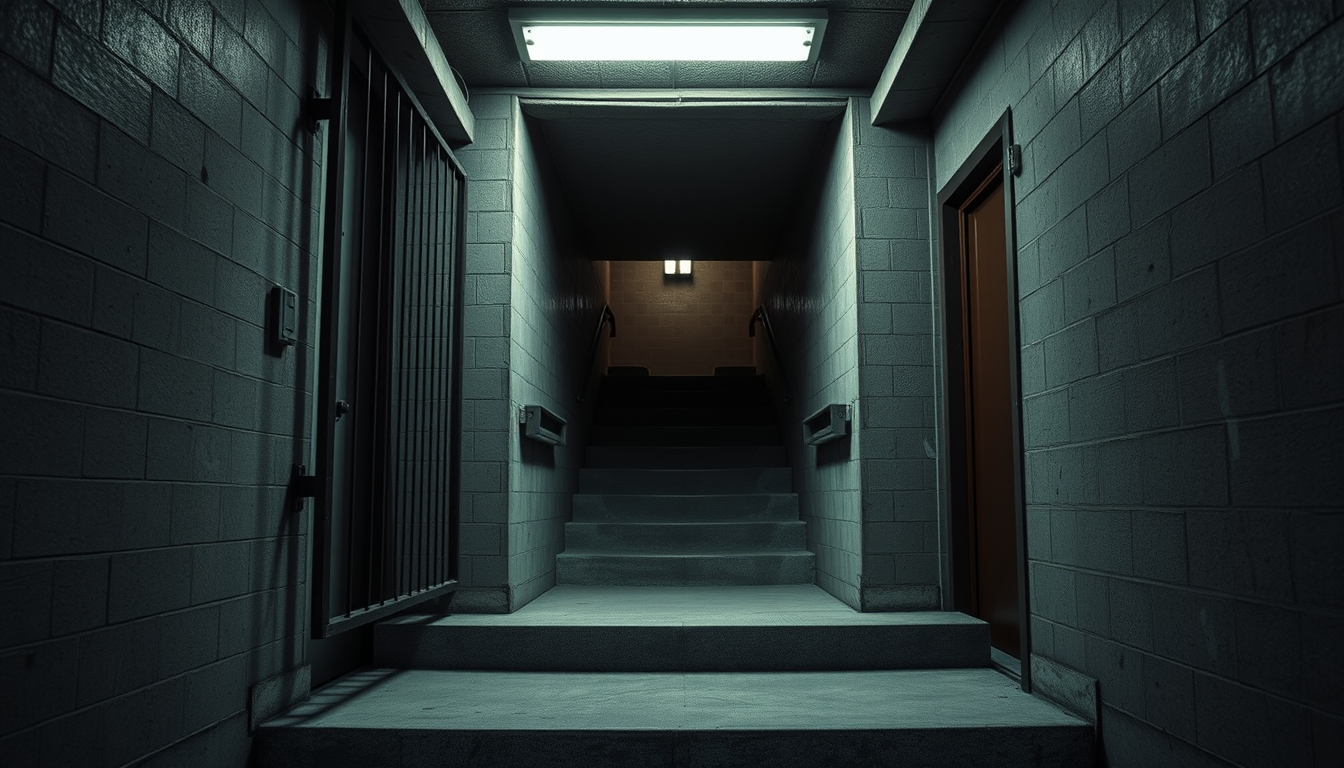 Main art studio: Realistic abandoned apartment building basement entrance at night, metal door, concrete stairs leading down, dim fluorescent lights, same location, sa