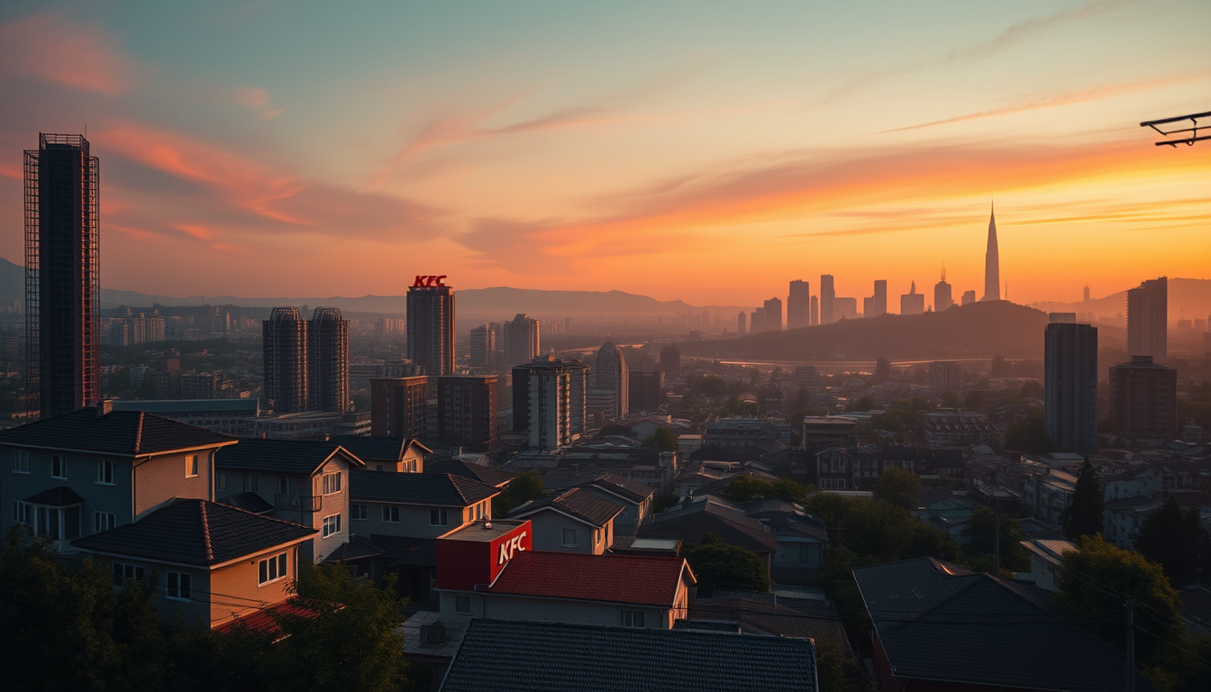 Main art studio: kfc housing and a kfc city skyline morning/dawn