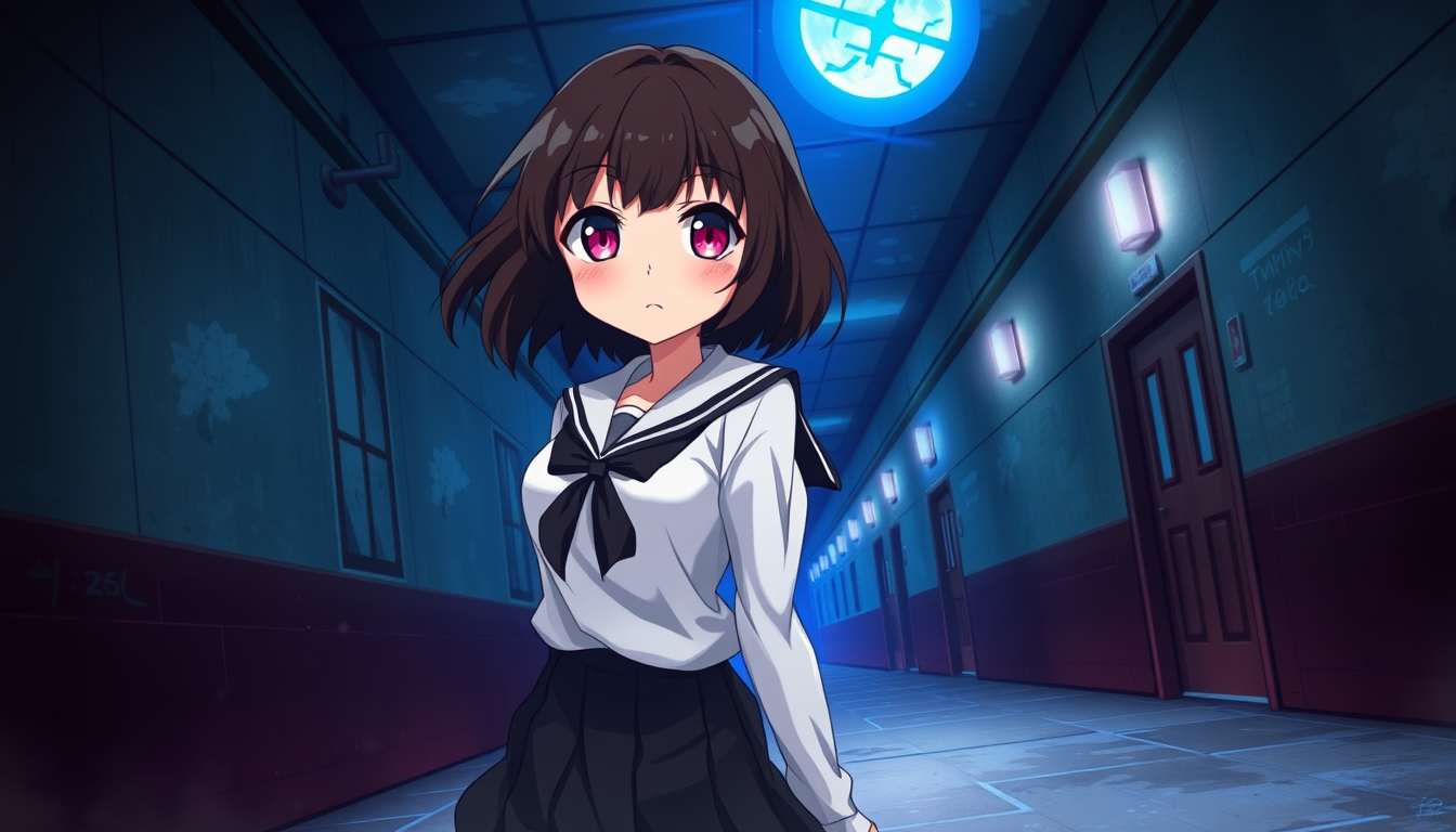 Anime idea: anime style, vibrant colors, expressive eyes, A 2D anime horror schoolgirl named Anna, shoulder-length dark brown hair, white school shirt, dark pleat