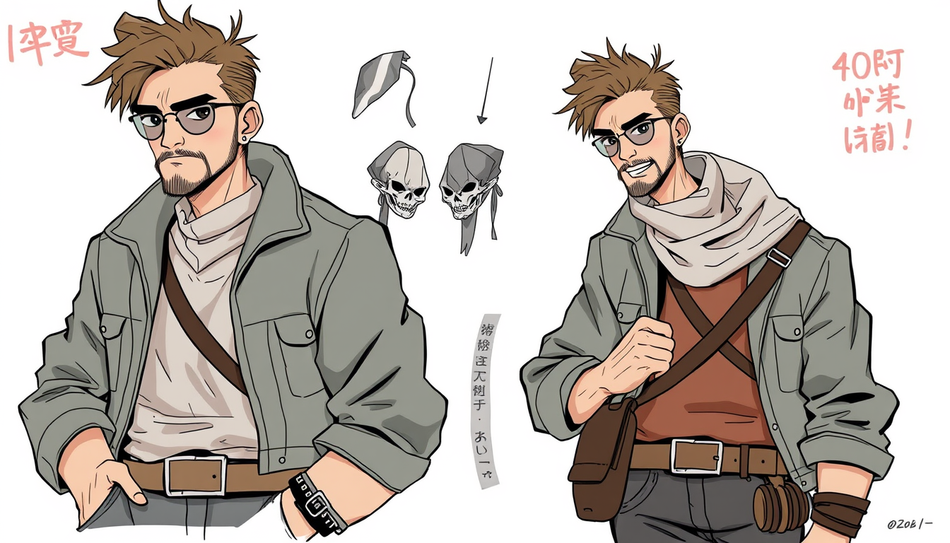 Characters idea: original character design, detailed outfit and accessories, expressive personality, a normal guy 40 year old , character concept art illustration
