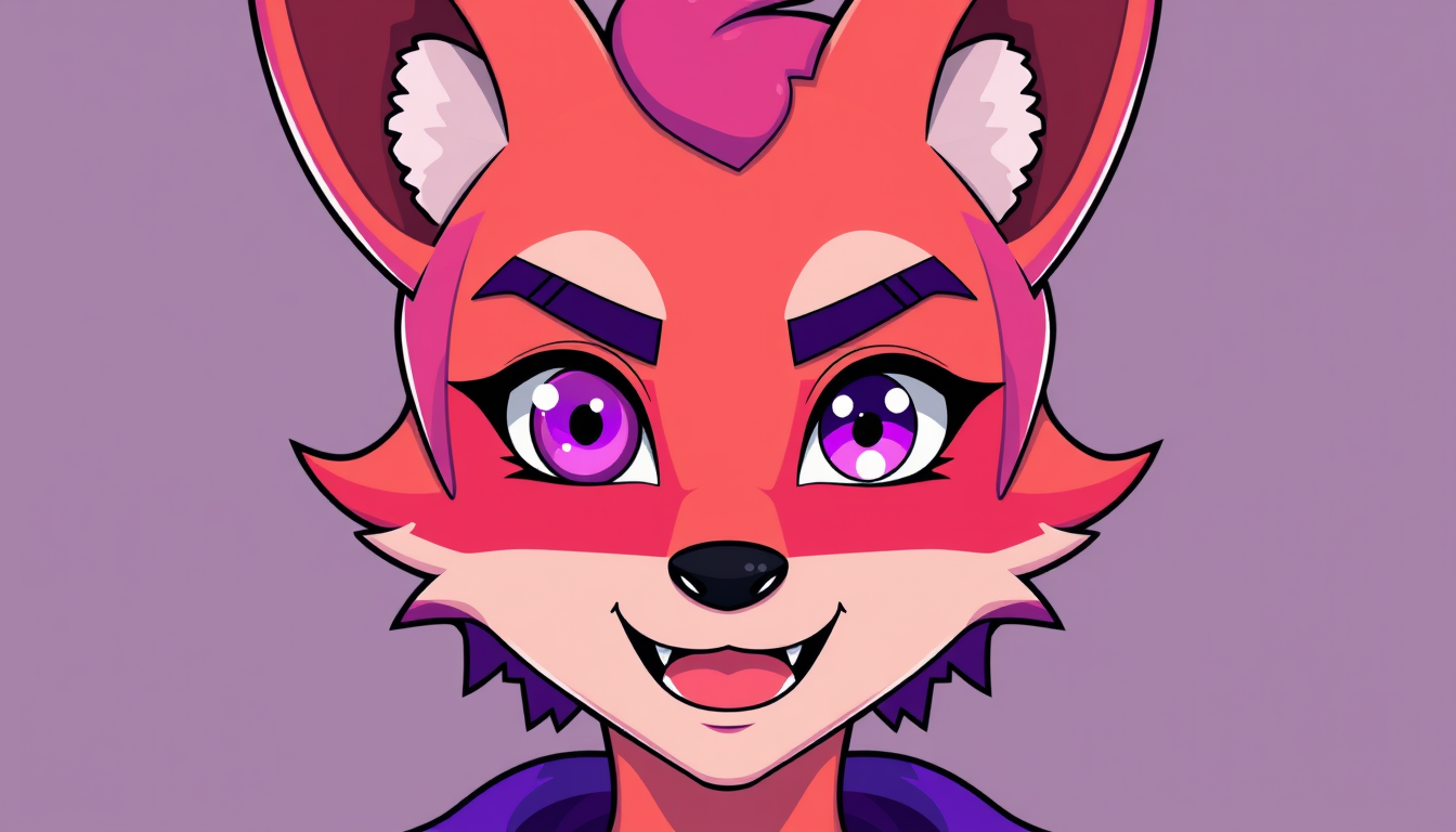 VTuber idea: vtuber avatar character, anime style, expressive face, streaming-ready design, a cool fox human male colors are purple and orange and one of the eyes 