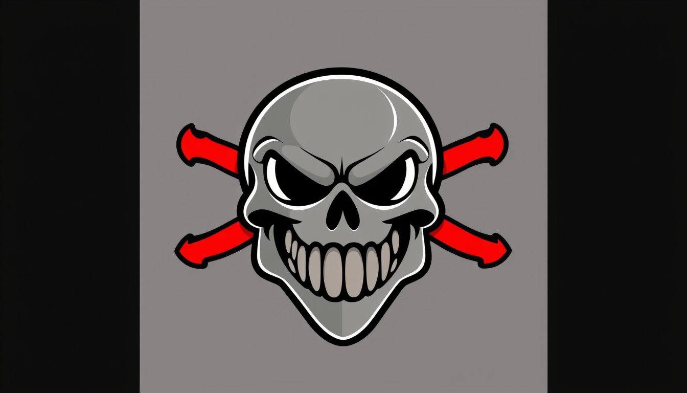 Main art studio: RELL Seas crew emblem aesthetic, Roblox anime game mascot style, oversized cartoon skull head, exaggerated sinister grin, thick bold black outlines, c