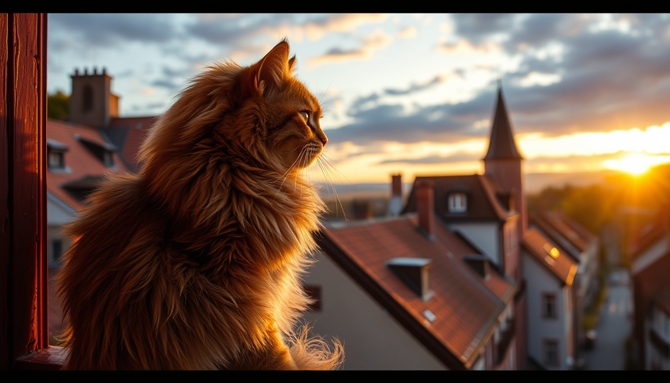 Main art studio: Eine flauschige Katze sitzt bei Sonnenuntergang auf einem alten roten Ziegeldach und blickt über eine gemütliche europäische Stadt, warmes goldenes Li