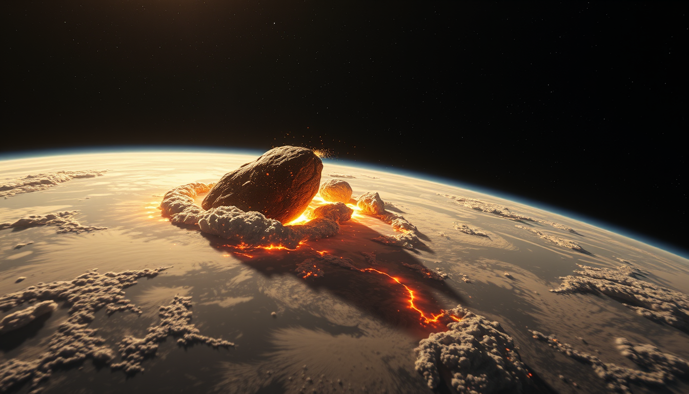 Main art studio: Cinematic view from low Earth orbit, 400 km above Earth. Asteroid Apophis 99942 crashes into the North Atlantic between Britain and North America. A c