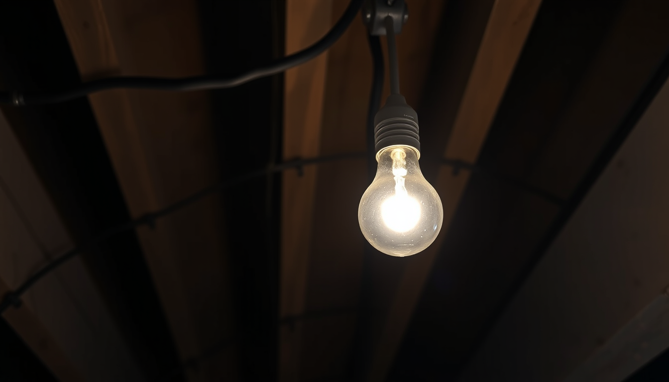 Main art studio: Bright light bulb mounted on basement rafters. Overexposed photo.