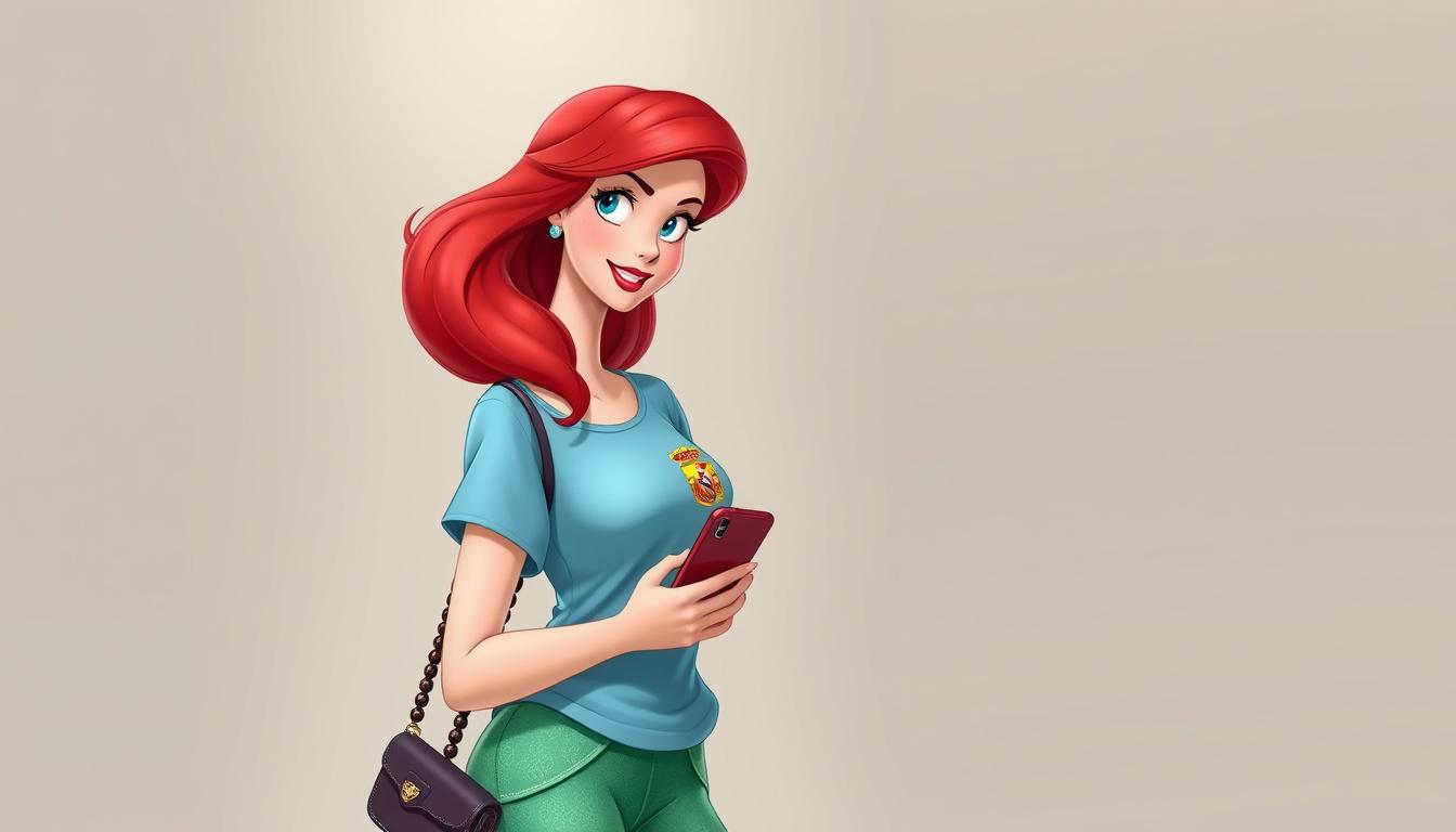Main art studio: Imagen de una princesa Disney Ariel humana tenga una camiseta de España unos vaqueros cortos un móvil redmi en la mano y un bolso de la marca selan qu