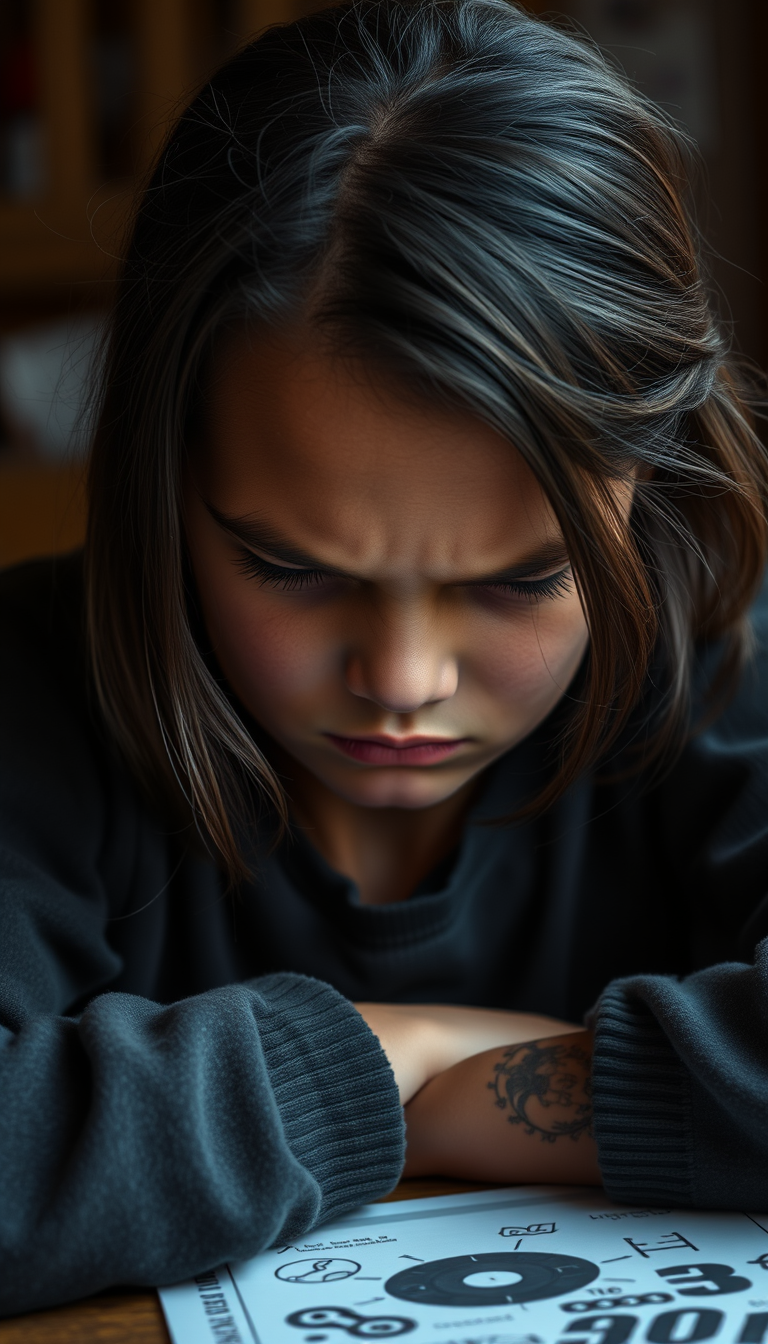 Main art studio: dark tanned 14 year old with girl dark brown hair sitting at a table with eyes closed head tilted down very angry wrinkling face of many tiny wrinkles