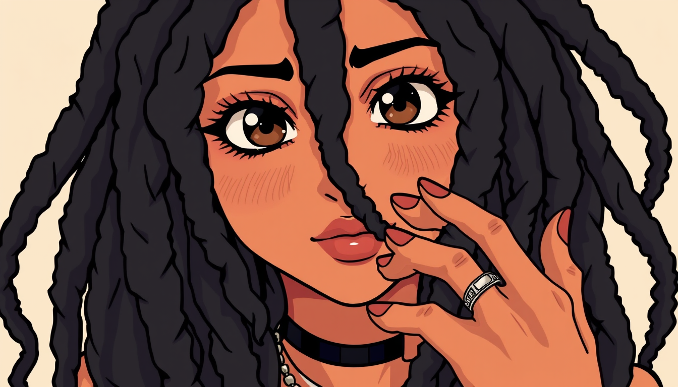 AI Art prompt example created from the prompt: Black female character, black dreadlocks, dark brown eyes, cozy relaxed smoker stoner-adjacent vibe, wearing a wedding ring on one finger, s