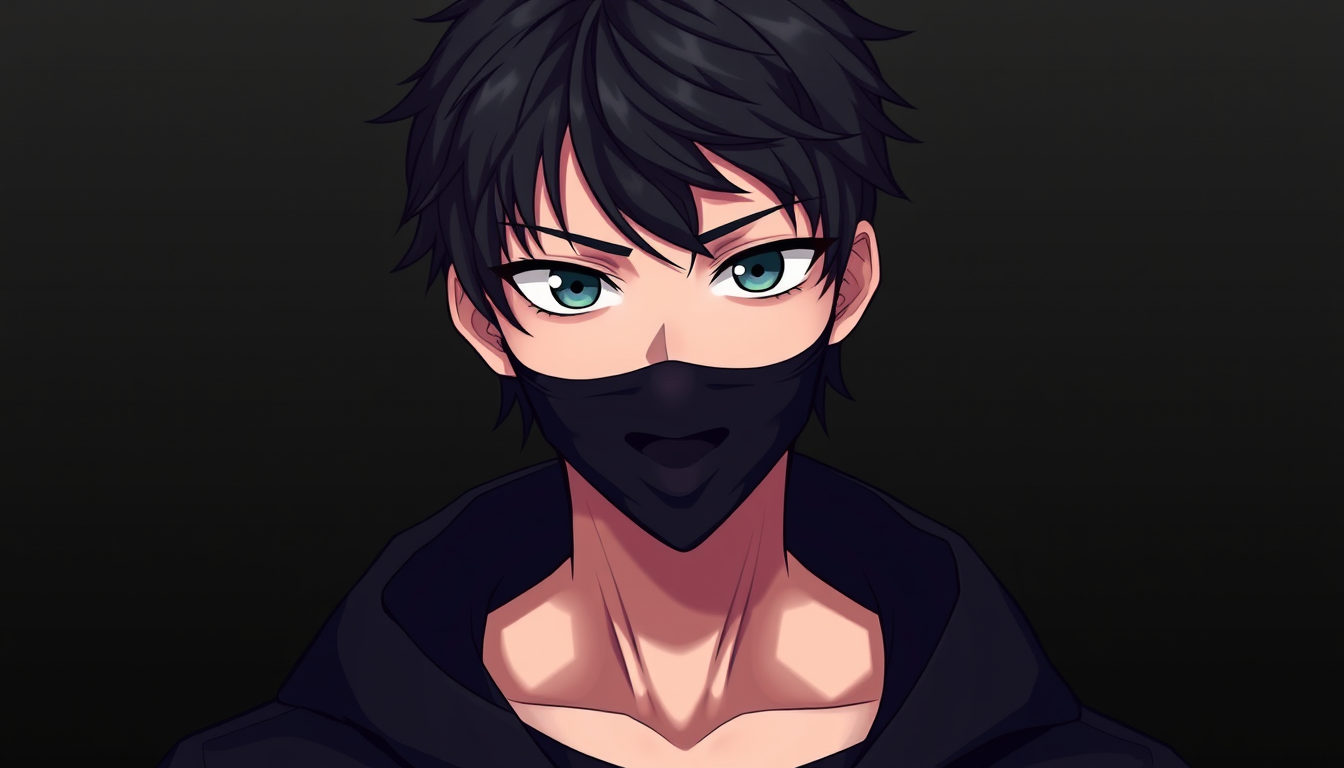 VTuber Avatar idea created from the prompt: vtuber avatar, anime style bust, expressive eyes, streaming overlay ready, “Dark mysterious male VTuber, black messy hair, black mask, dark